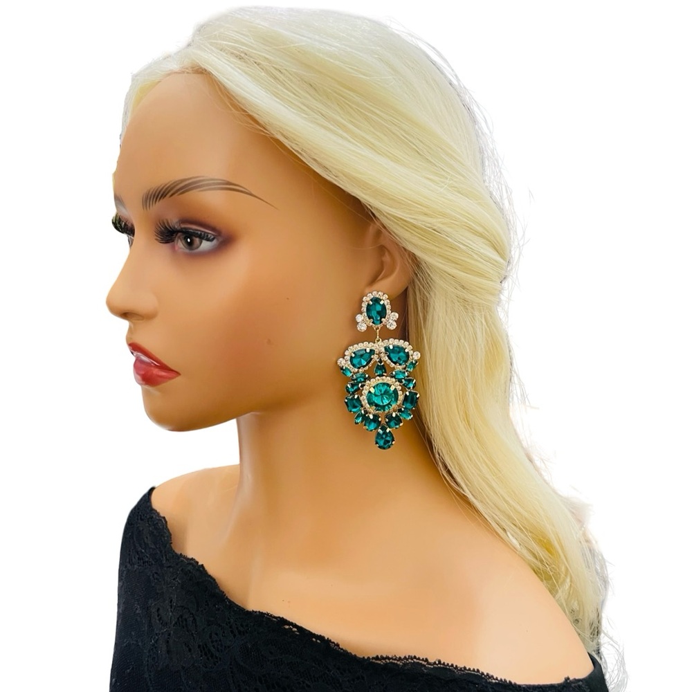 Emerald Green Rhinestone Floral Dangle Earrings